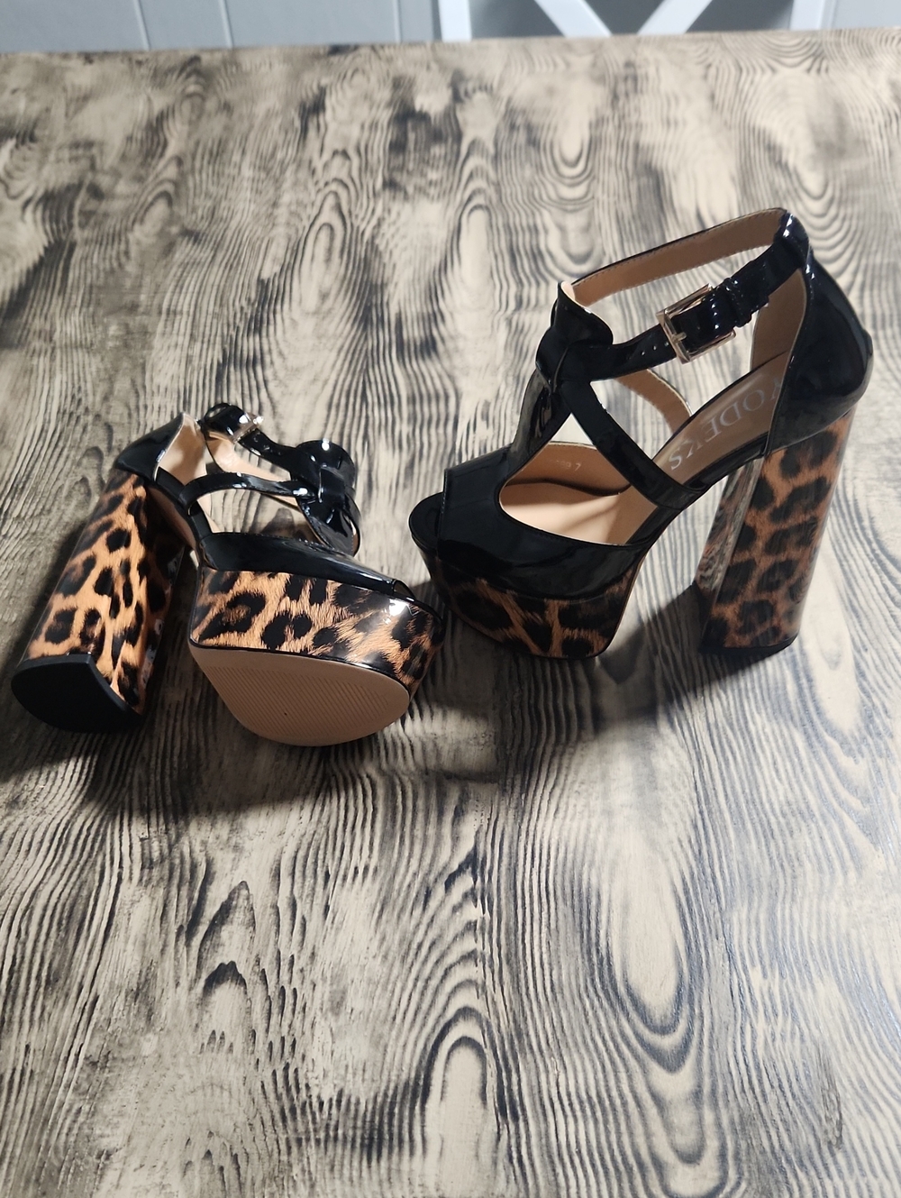 Black Patent Platform Heels with Leopard-Print Platform